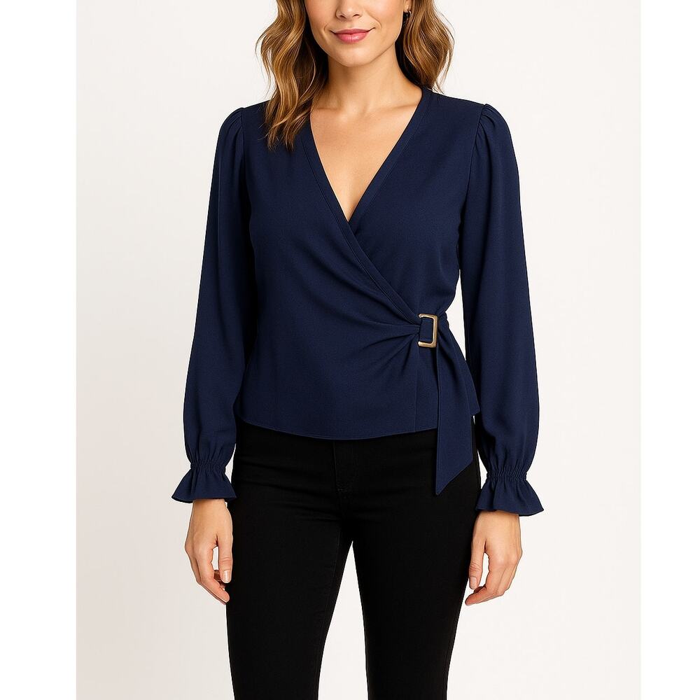 Lulus Navy Blue Wrap Blouse with Buckle Detail Women’s Size Medium